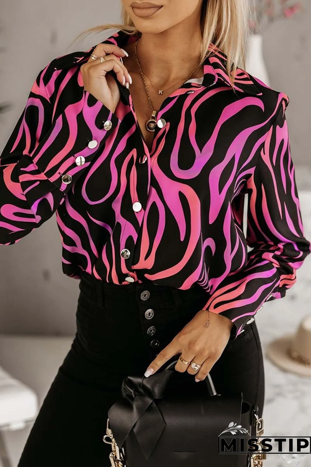 Black Apricot Casual Print Patchwork Shirt Collar Tops