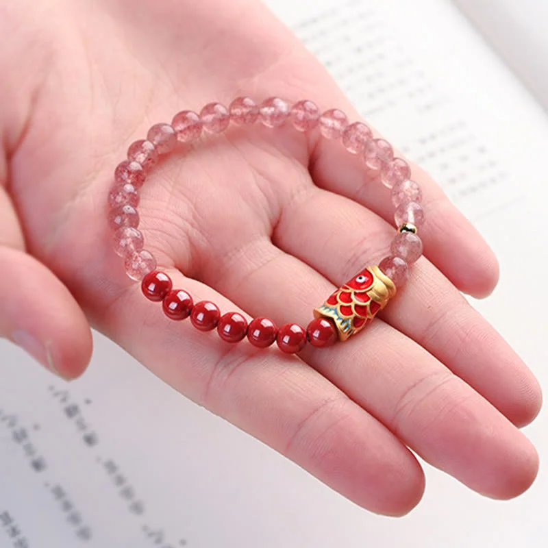 Cinnabar Strawberry Quartz Lucky Koi Fish Healing Bracelet