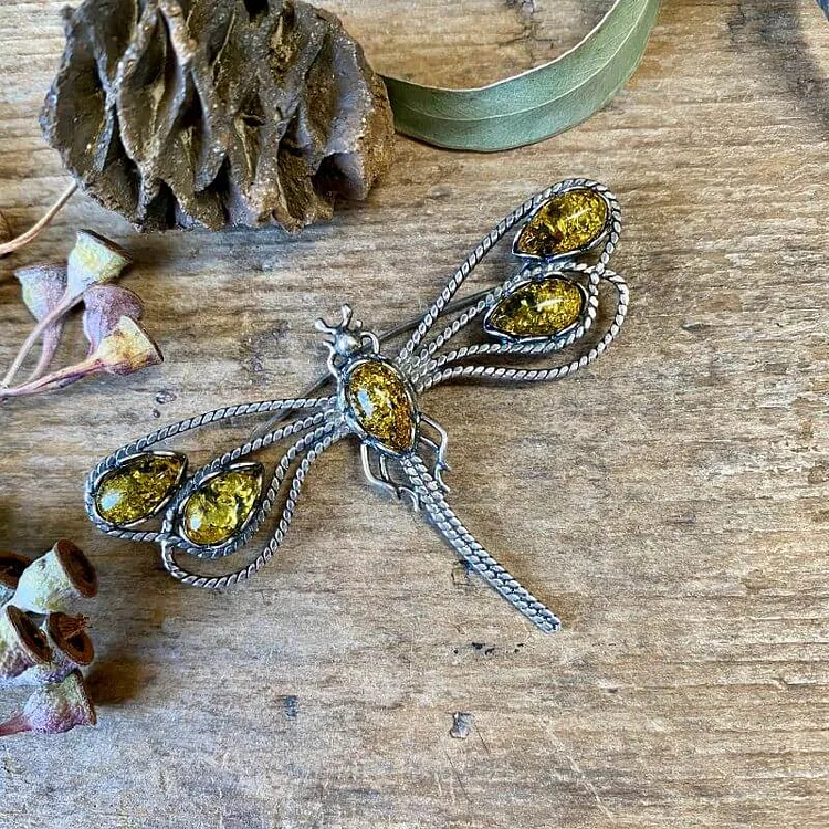 Large Sterling Silver Dragonfly Pin with Baltic Amber