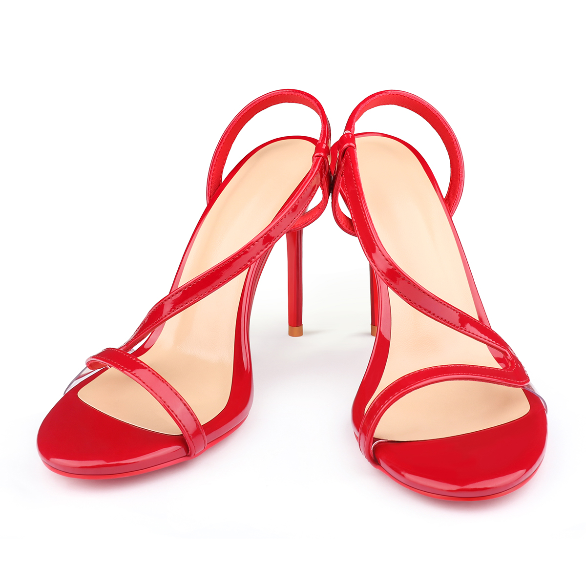 100mm Women's  Red Bottom  Sandals Stiletto Spotlight Wavy Straps High Heels Ankle Strap Studs Shoes-MERUMOTE