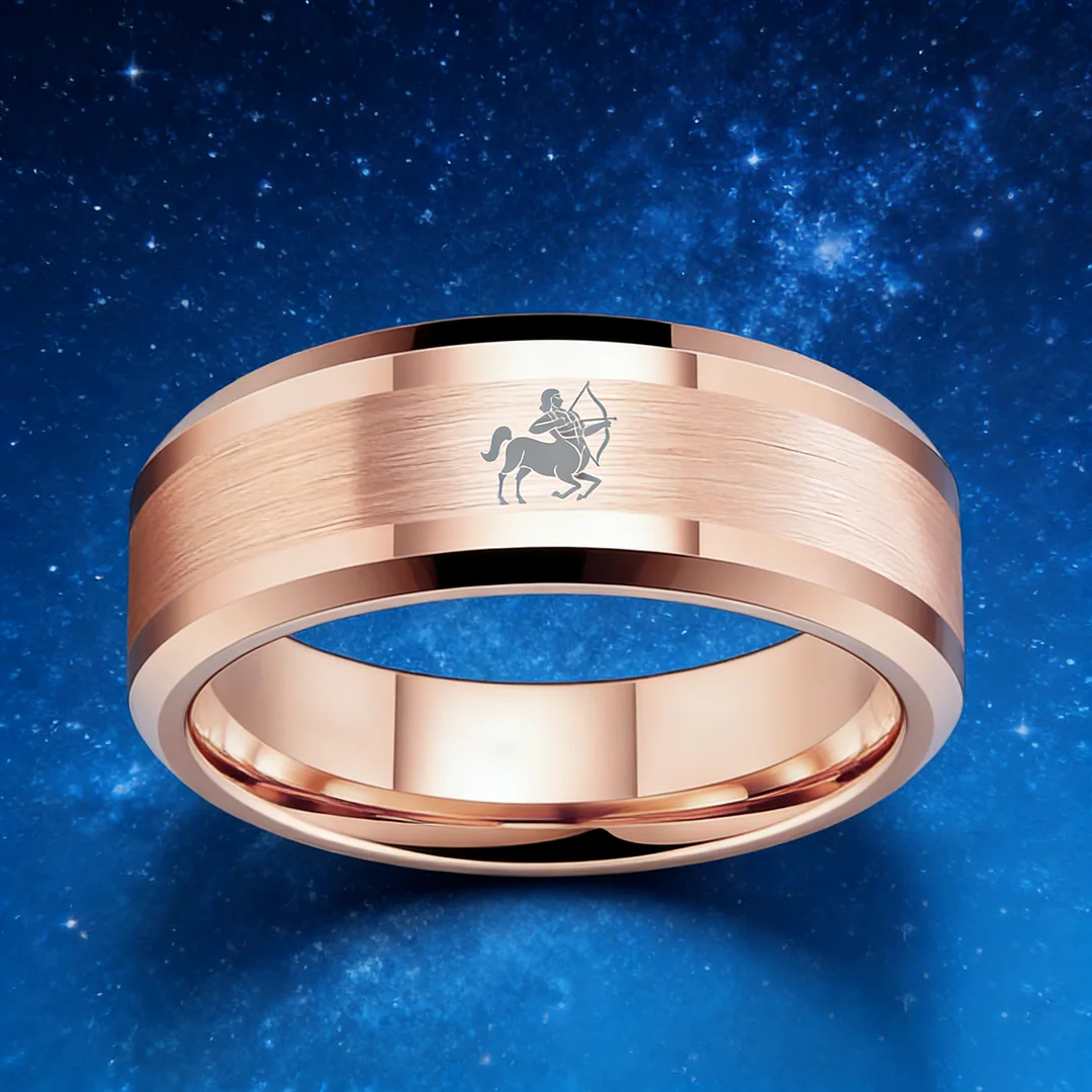 Beveled Edges Rose Gold Laser Etched Tungsten Carbide Band Rose Gold Sagittarius Couple Wedding Rings 4MM 6MM 8MM