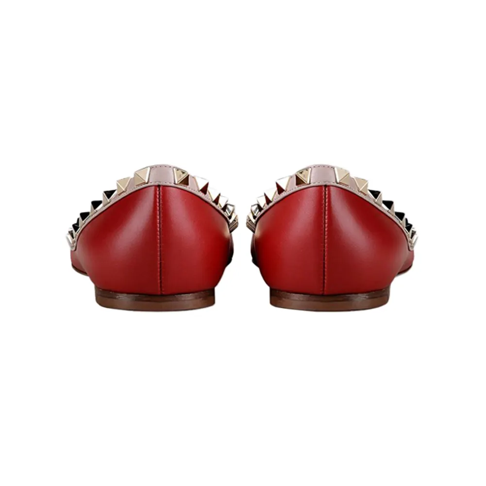Pointed Toe Flats For Women Fashion Rivets Comfort Ballet Red Matte Flats Shoes-vocosishoes