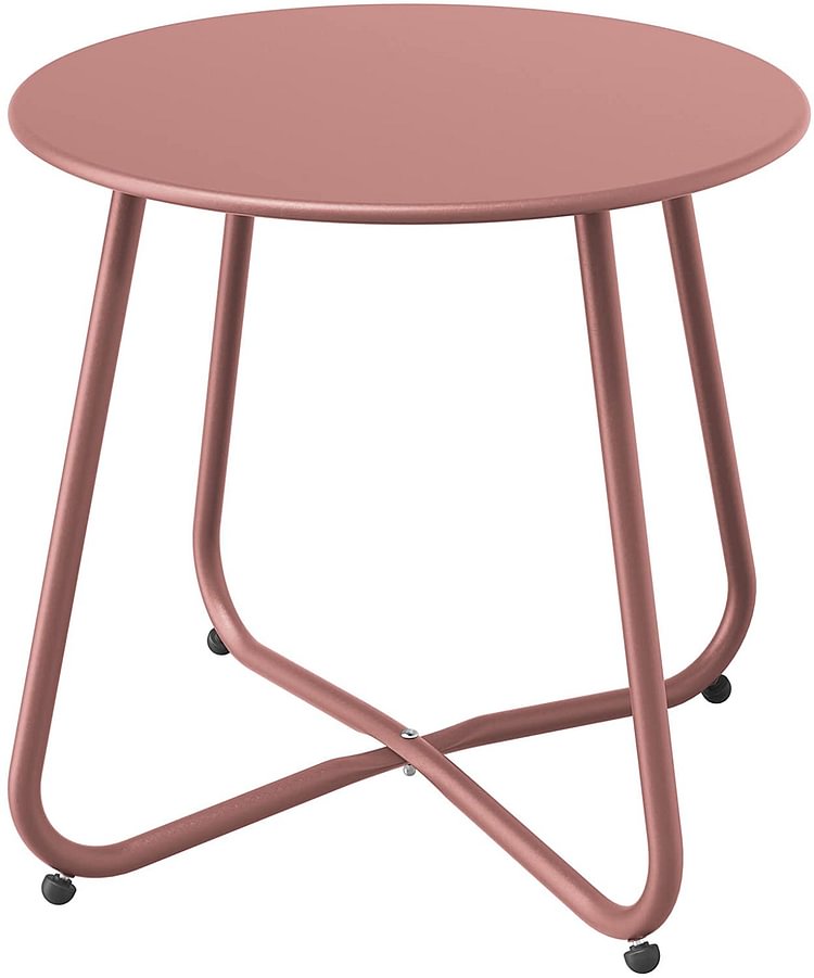 Steel Patio Side Table, Weather Resistant Outdoor Round End Table (Pink)