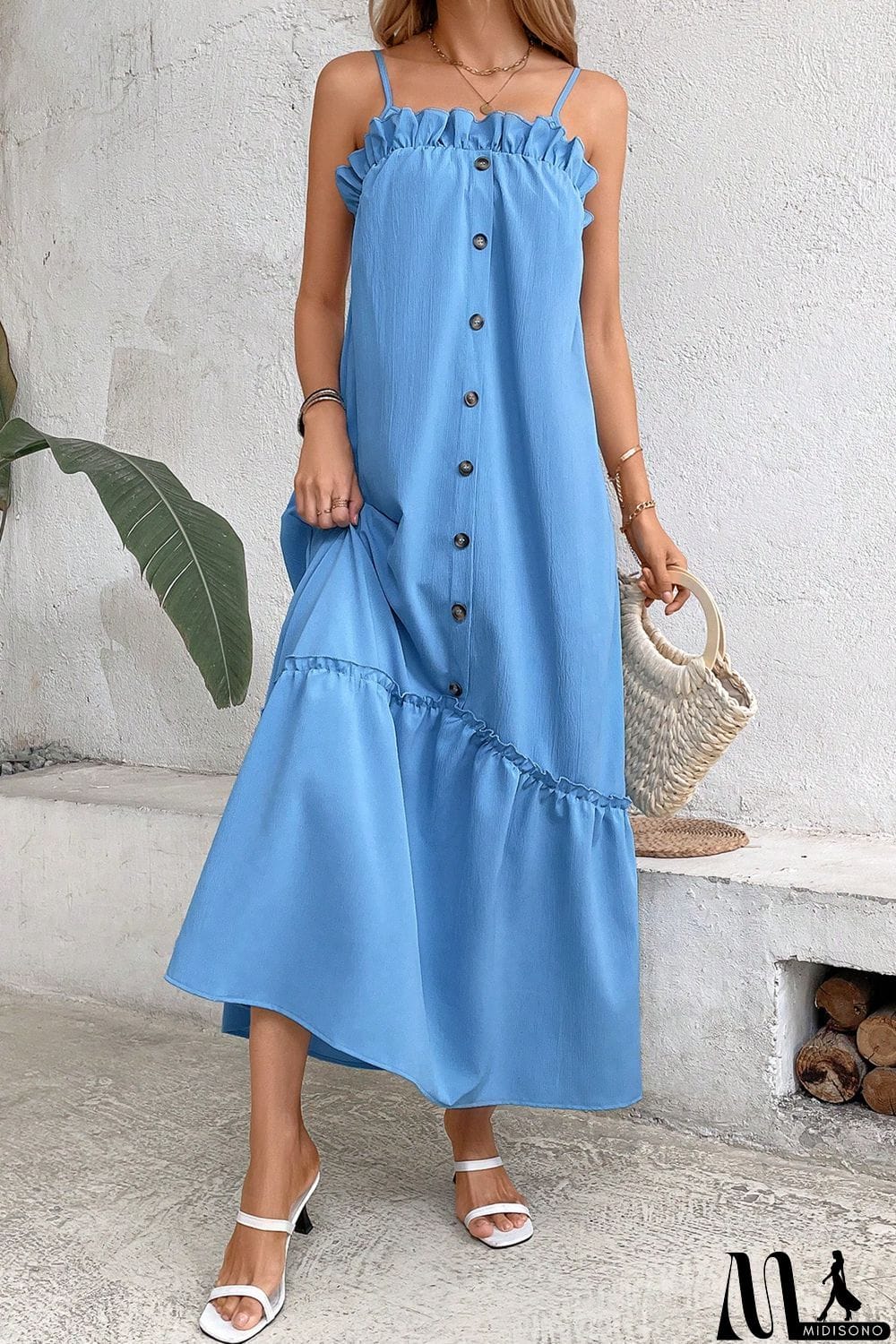 MidiSono - Ruffle Trim Buttoned Sleeveless Maxi Dress