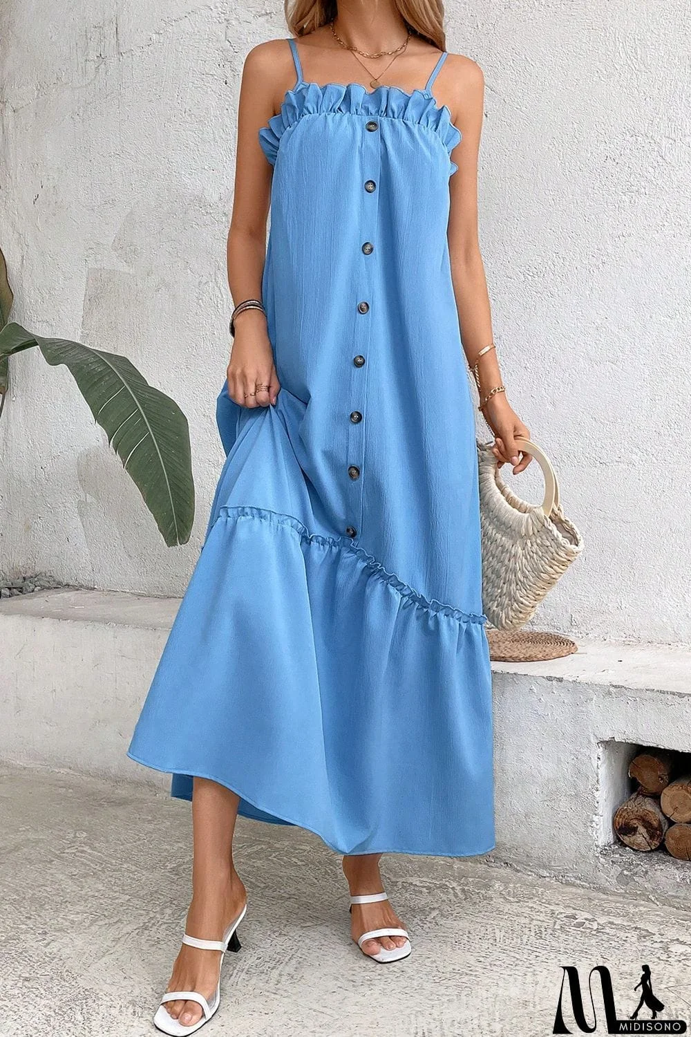 MidiSono - Ruffle Trim Buttoned Sleeveless Maxi Dress