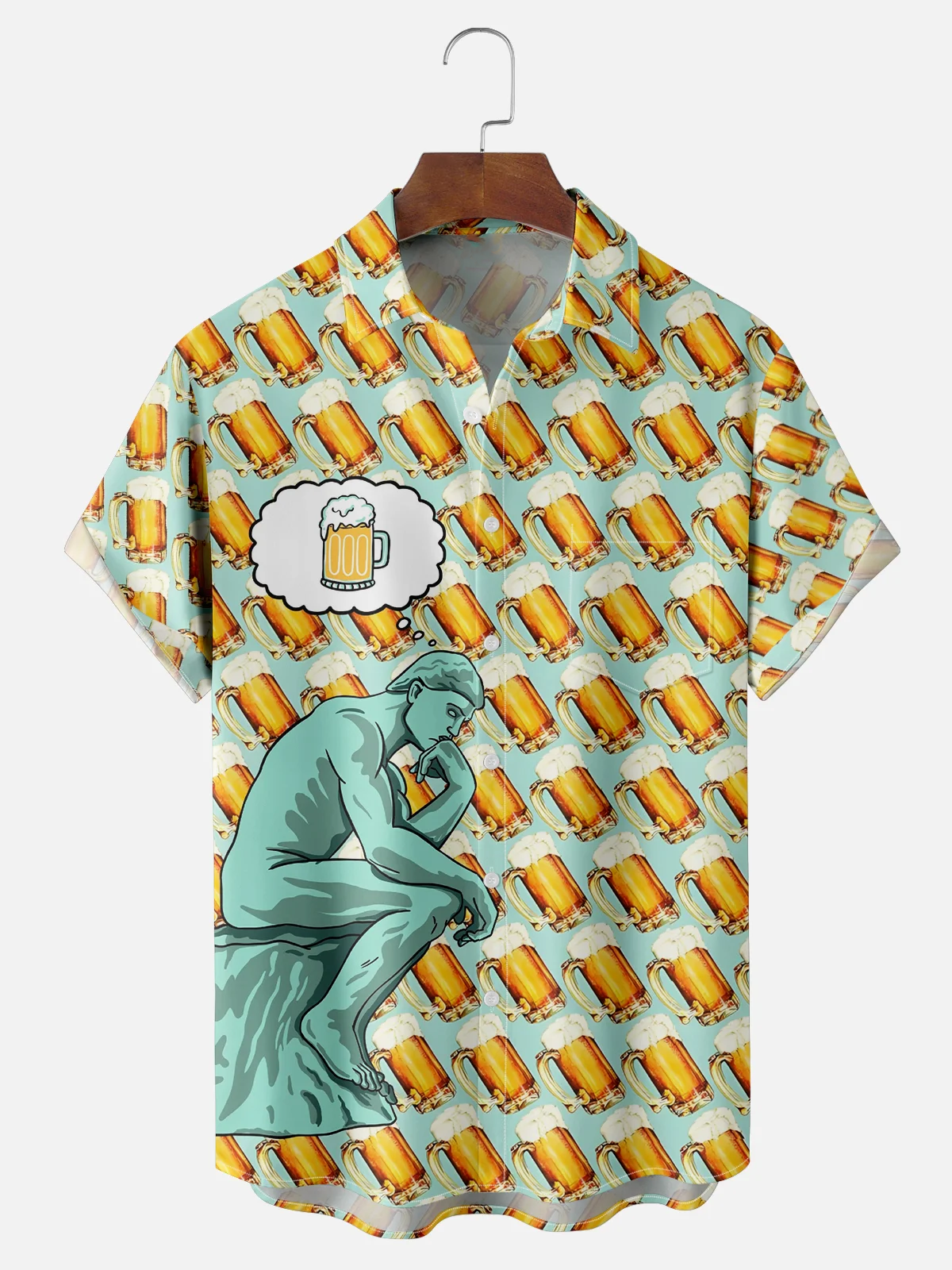 Moisture-wicking The Thinker Beer Chest Pocket Hawaiian Shirt PLUSCLOTHESMAN