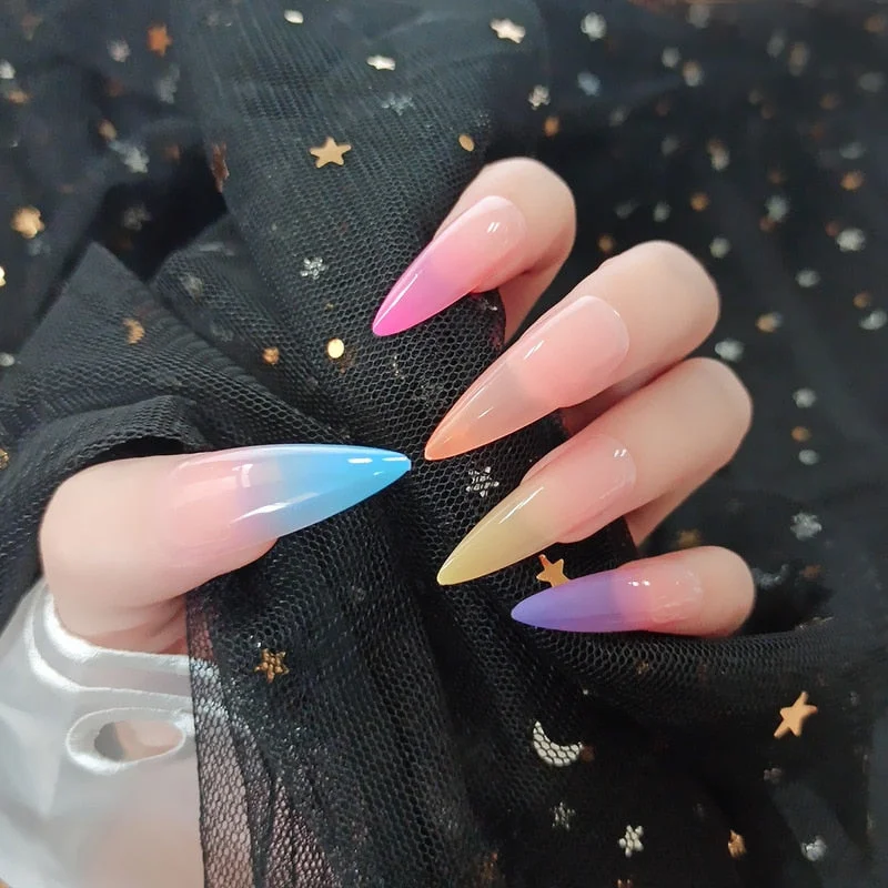 24Pcs Extra Long Coffin Nails Pure Purple Elegant Shiny Ballet Fluorescent and Yellow Leopard print Fake Nail with glue for girl-Nail Inspo