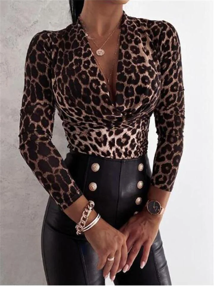 Trendy Deep V Neck Long Sleeve Leopard Printed Pullover Blouse