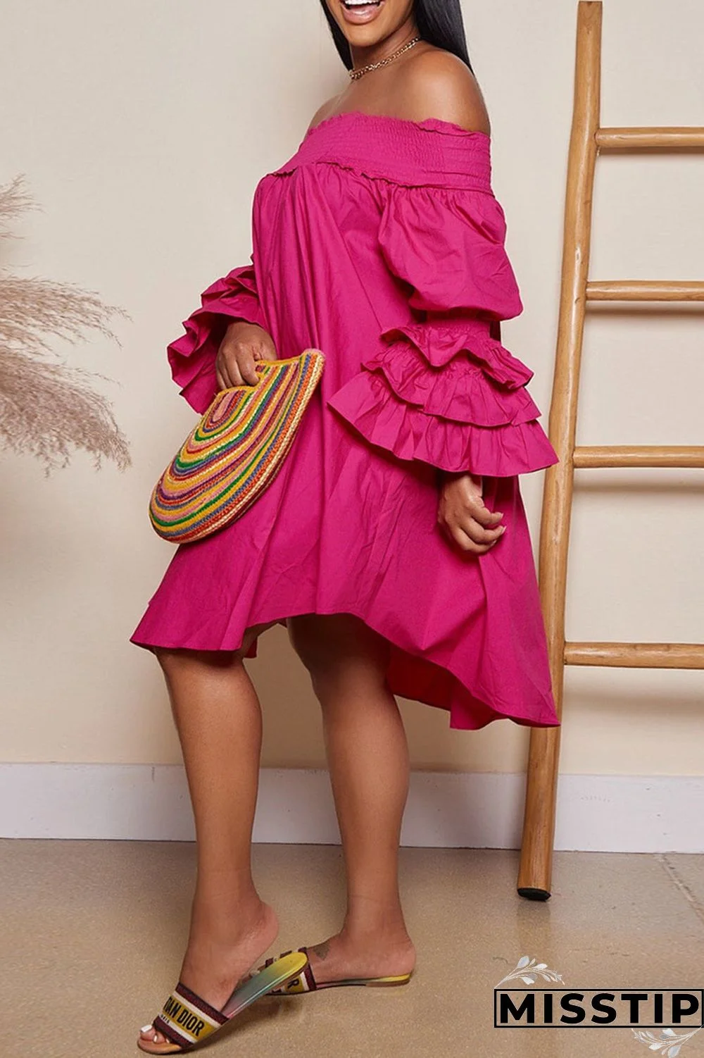 Fuchsia Casual Solid Patchwork Fold Off the Shoulder Princess Dresses