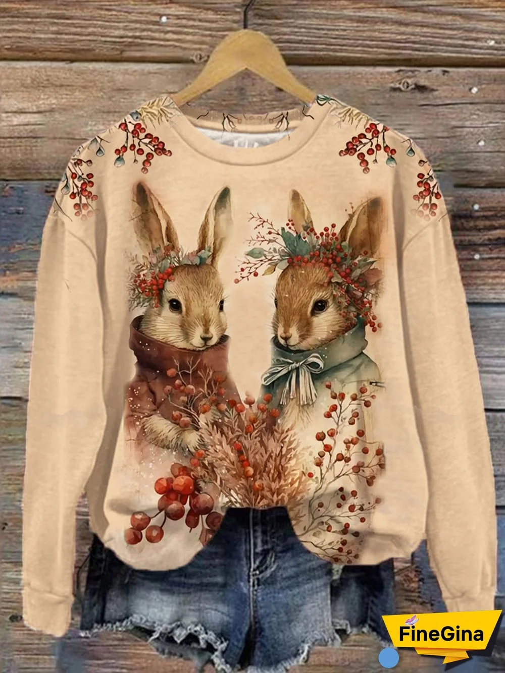 Christmas Bunnies Print Round Neck Long Sleeve Top
