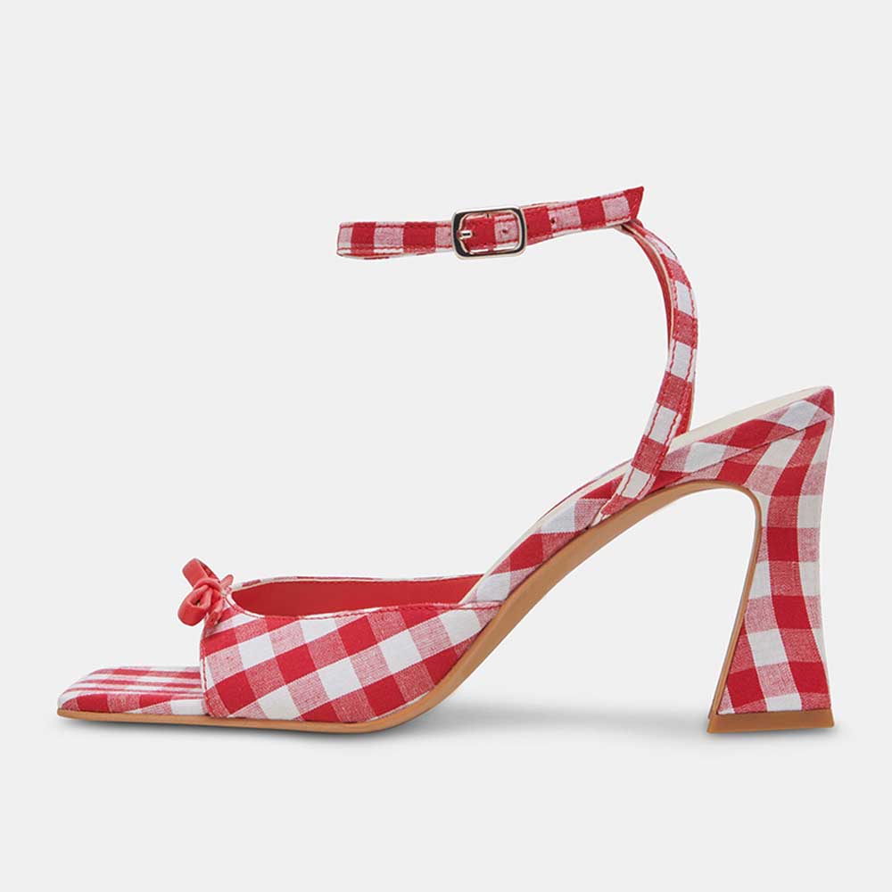 Red & White Plaid Bow Square Toe Ankle Strap Flared Heeled Sandals Nicepairs