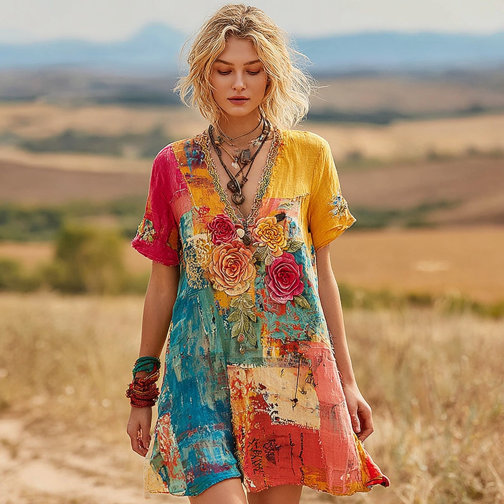 Women's Vintage Oil Painting Floral Art Color Block Linen V-neck Dress  artssus