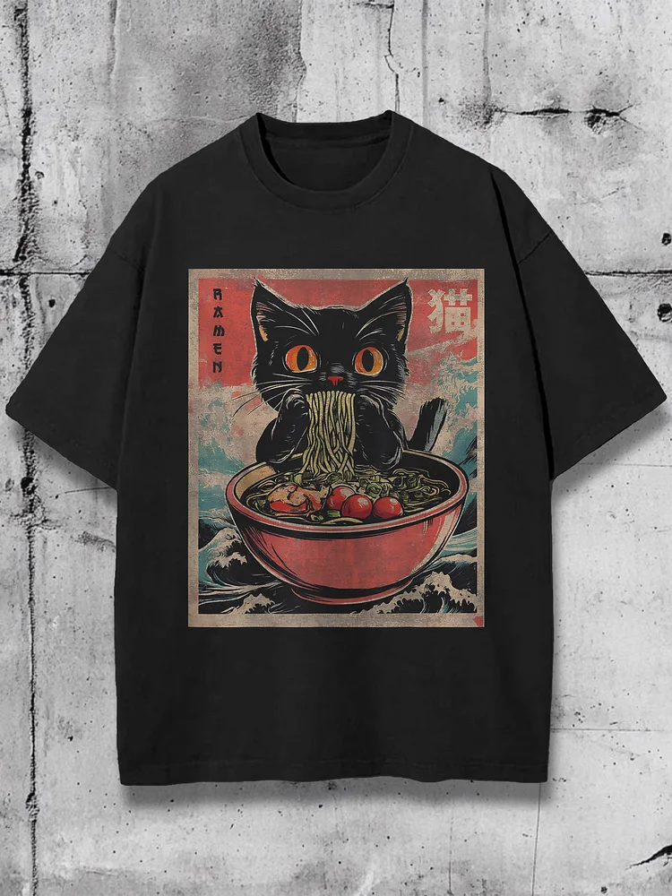 Men's Cat Eating Ramen Japanese Art Print Cotton Washed T-Shirt