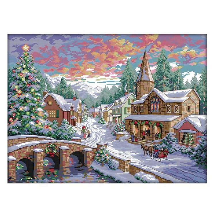 Joy Sunday - Snow Landscape - 14CT 2 Strands Threads Printed Cross Stitch Kit - 45x36cm(Canvas)