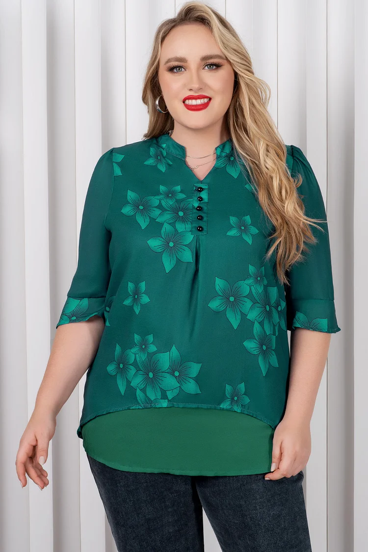 Plus Size Split Neck Large Floral Print Button Detail Blouse FlyCurvy Flycurvy [product_label]