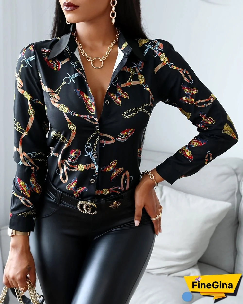 Butterfly Scarf Print Button Design Shirt P10390