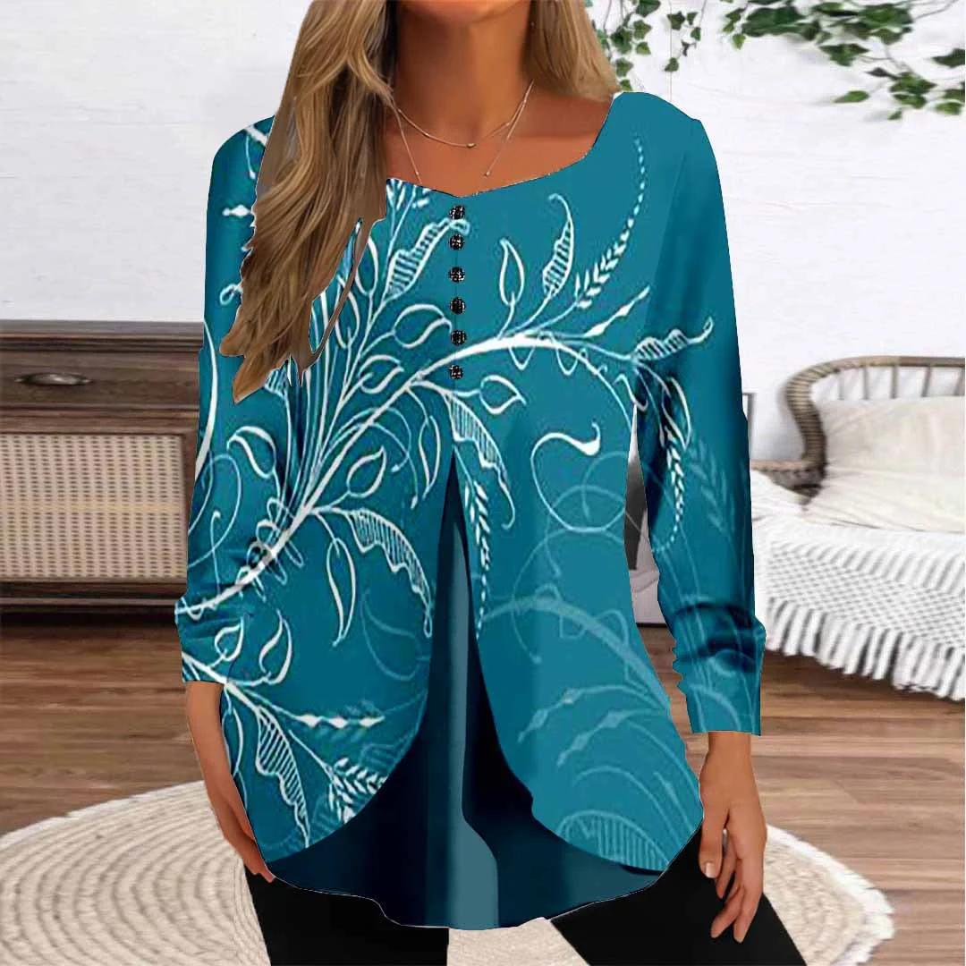 Women Floral,Blue DZGG8362 Long Sleeve Scoop Neck Printed Graphic Button Fake 2in1 Tops