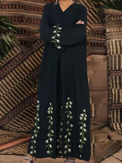 V-neck black rattan print full length dress
