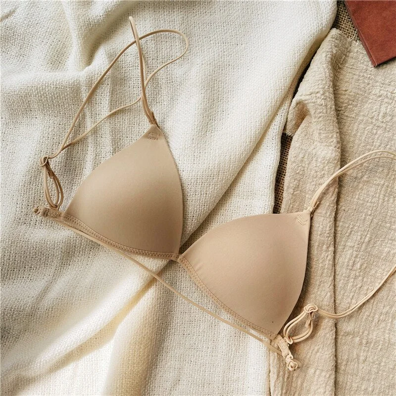 Bra triangle cup thin cotton lingerie no steel ring gathered thin-strap invisible underwear with backlit soft surface bralette