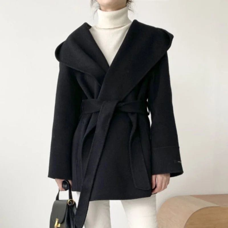 Aachoae Women Solid Color Wool Coats With Belt Long Sleeve Hooded Pockets Coats Female Chic Elegant Outerwear