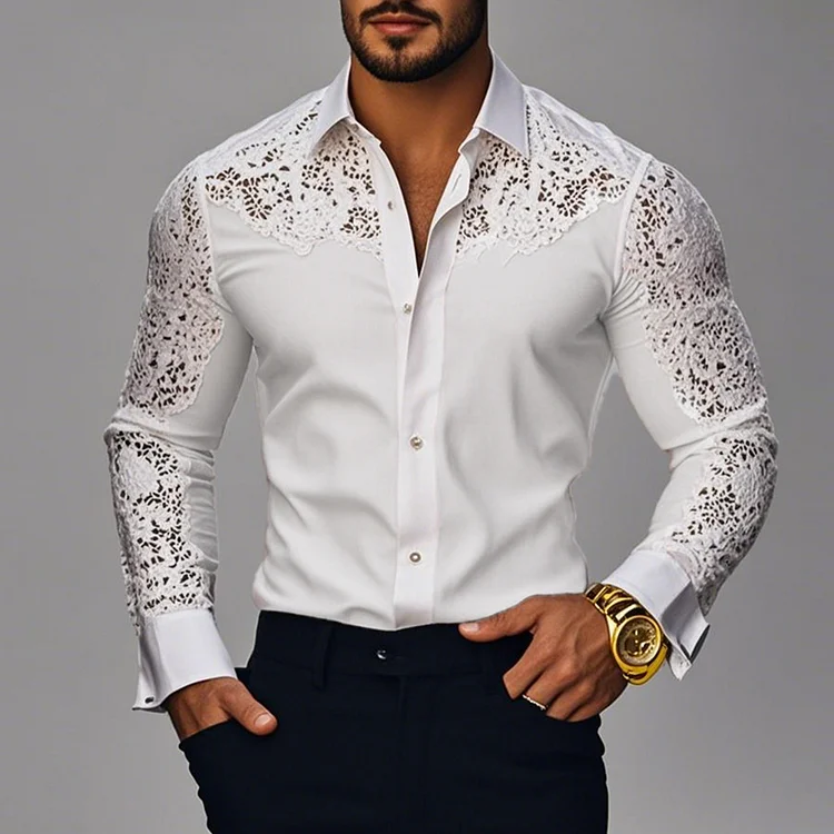 Okaywear Hollow Lace Patchwork Long Sleeve Button Shirt 