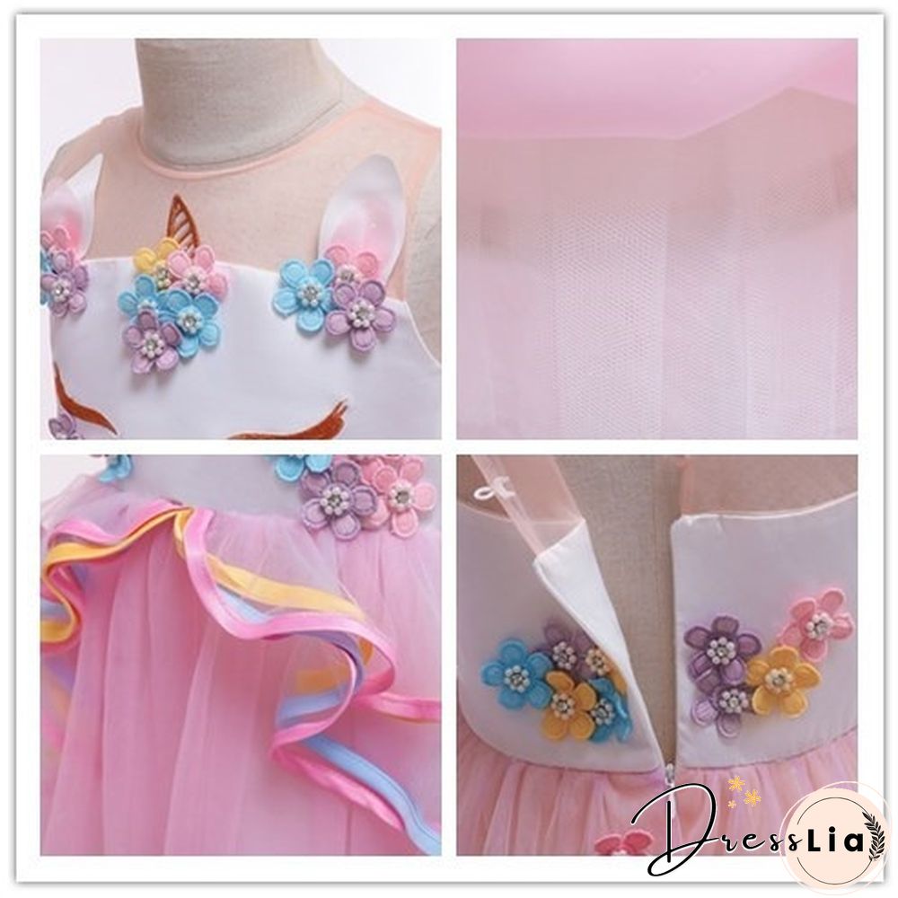 Summer Kids Girl Layered Tulle Unicorn Outfits Dress Headband for Carnival Halloween