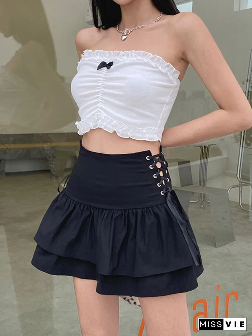 Streetwear Mall Goth Skirt Women Harajuku Y2k E-girl High Waist Bandage Mini Skirt Dark Gothic Punk Emo Alt Club Wear