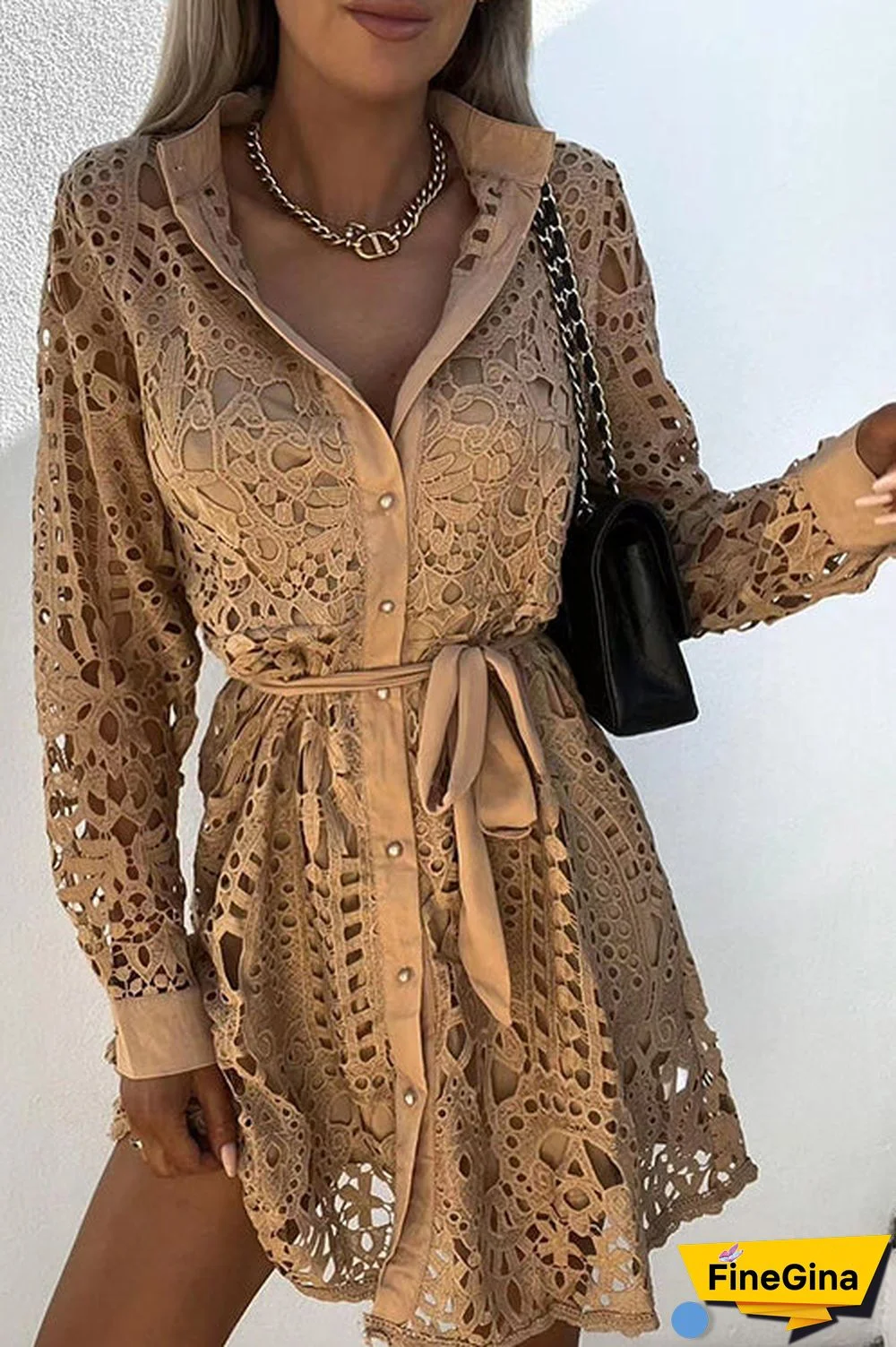 Hollow Lace Button Long Sleeve Shirt Dress