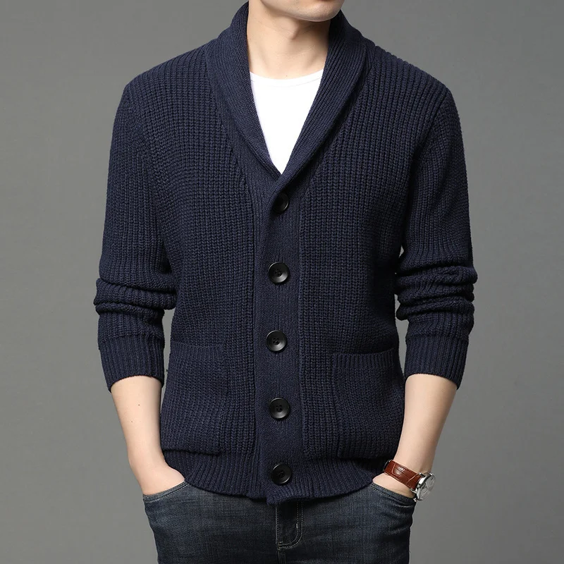 Mongw Mongw New Men's Long Sleeve Sweater Cardigan Pocket Turtleneck Solid Color Sweater Men's Wear
