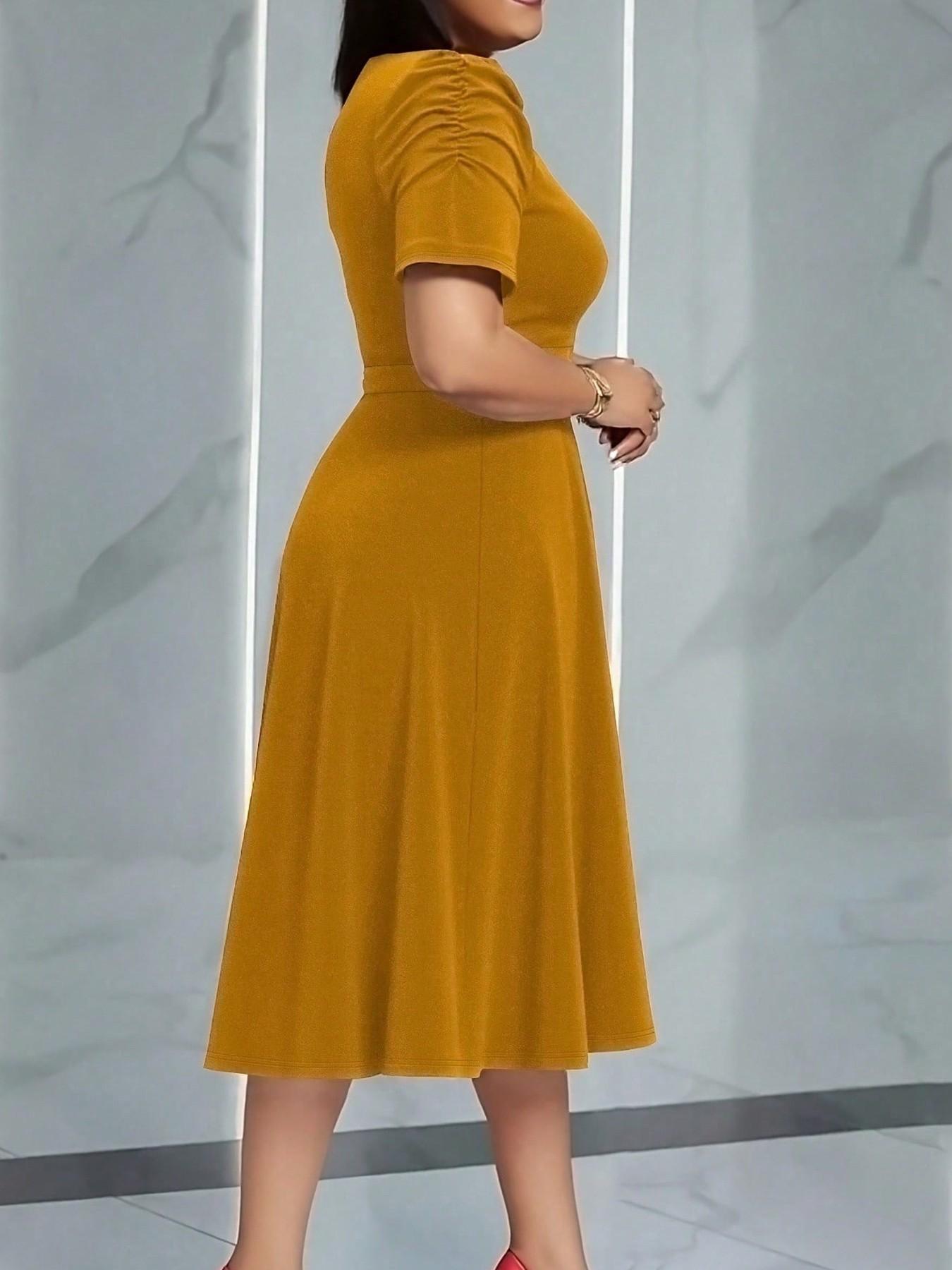 Summer Camel Bubble Sleeve Midi Dress, Slim-Fitting A-Line with Waist Belt, Elegant Chic Everyday Office Wear, Perfect for Church Weddings Summer Camel Bubble Sleeve Midi Dress, Slim-Fitting A-Line with Waist Belt, Elegant Chic Everyday Office Wear, Perfect for Church Weddings