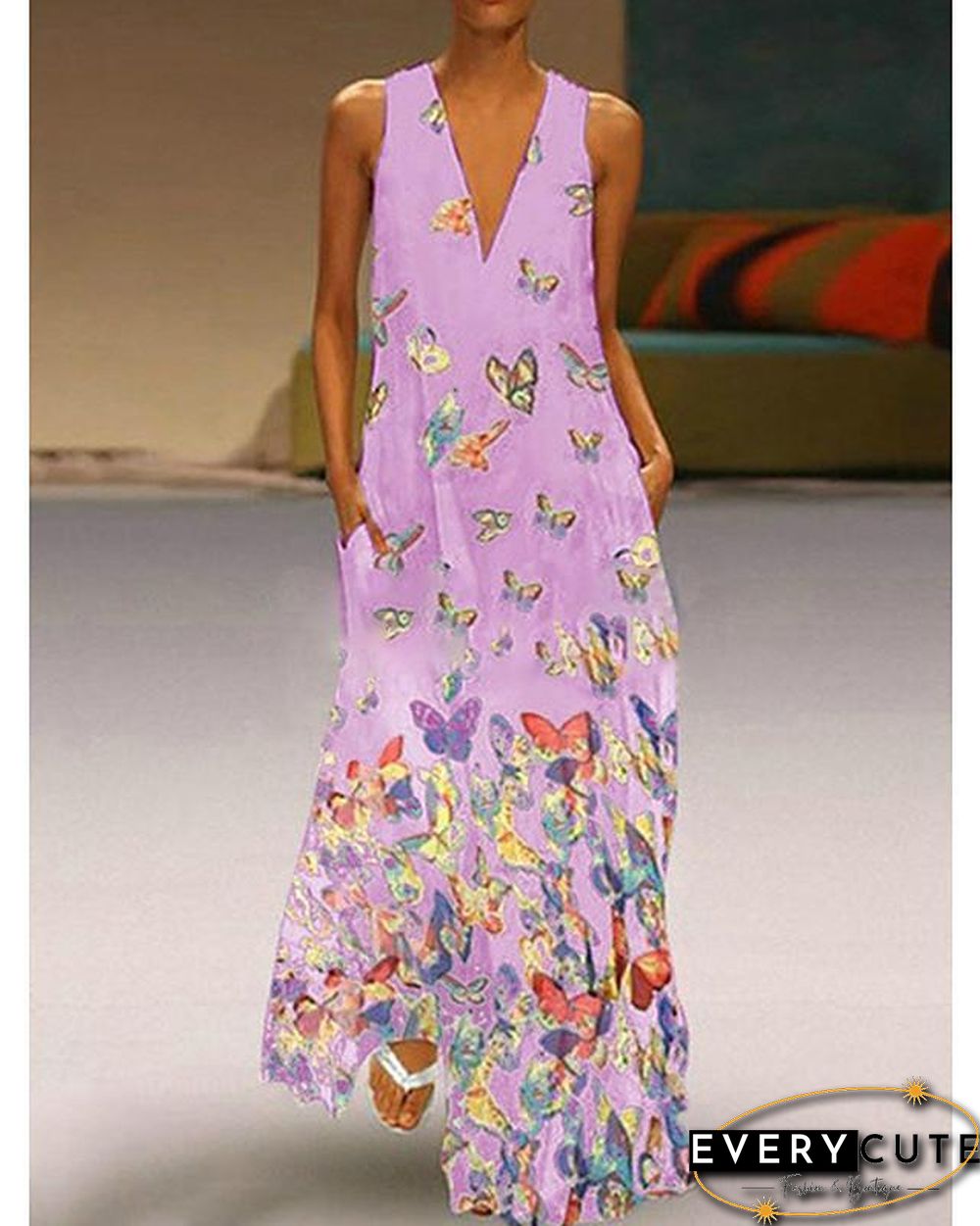 Women's A-Line Dress Maxi long Dress - Sleeveless Butterfly Animal Print Summer Deep V Plus Size Hot Casual Beach  White Purple Yellow Blushing Pink Light Blue S M L XL XXL 3XL 4XL 5XL White Dresses