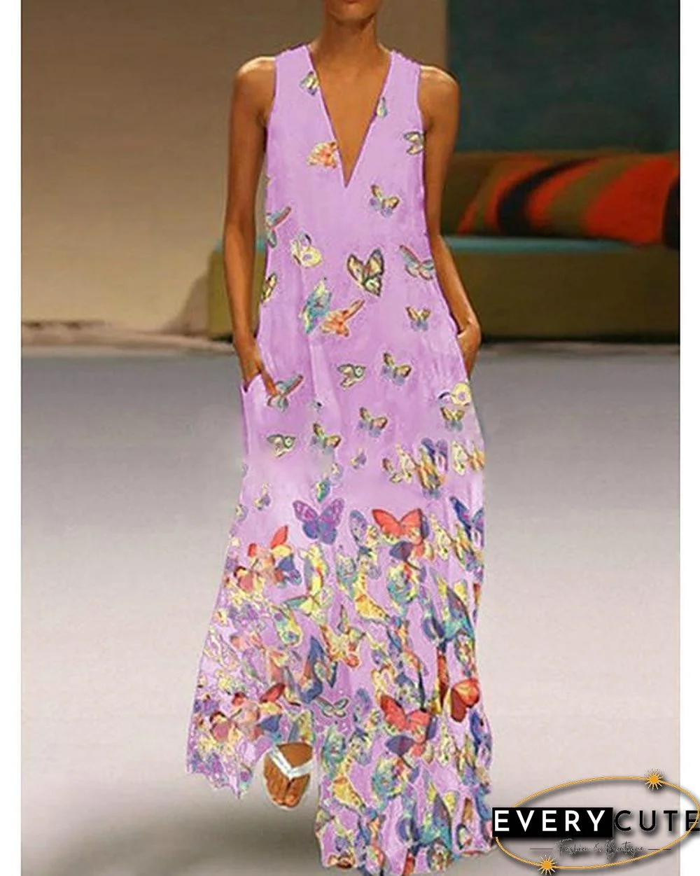 Women's A-Line Dress Maxi long Dress - Sleeveless Butterfly Animal Print Summer Deep V Plus Size Hot Casual Beach  White Purple Yellow Blushing Pink Light Blue S M L XL XXL 3XL 4XL 5XL White Dresses