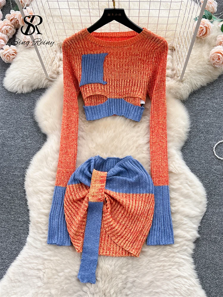 Huibahe Autumn Patchwork Knitted Two Pieces Sets Long Sleeves Hollow Out Slim Pullover+Mini Skirt Fashion Y2K Sweater Suits