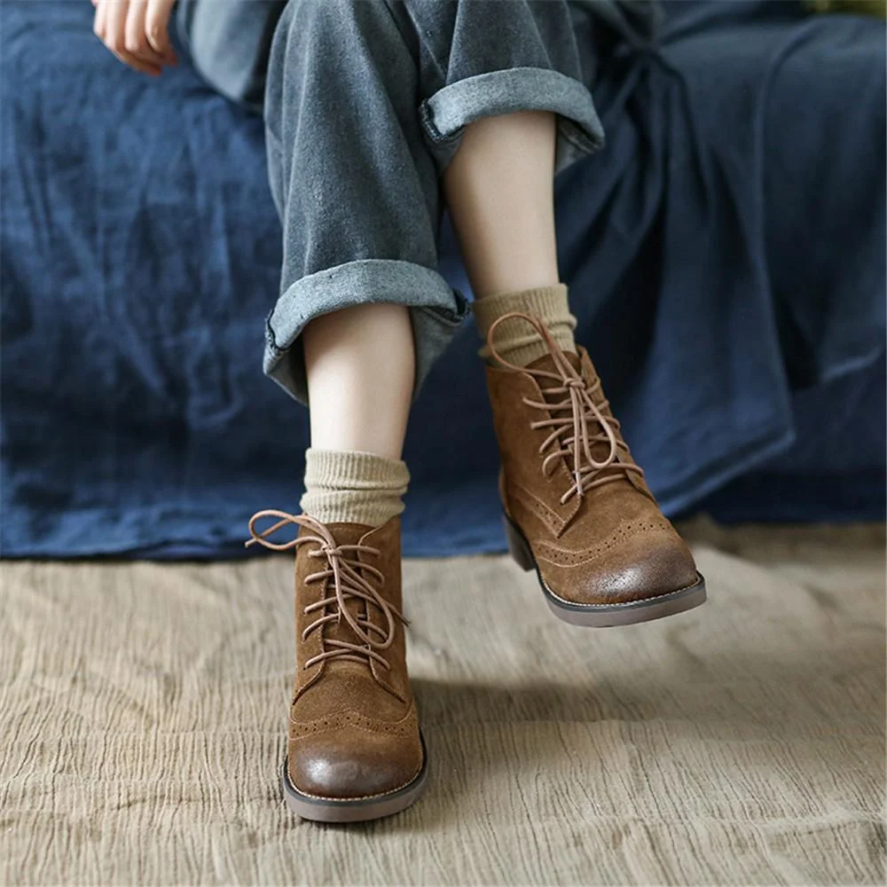 Handmade Brogue Leather Martin Boots Women Midheel Ankle Boots With Lace Brown/Khaki