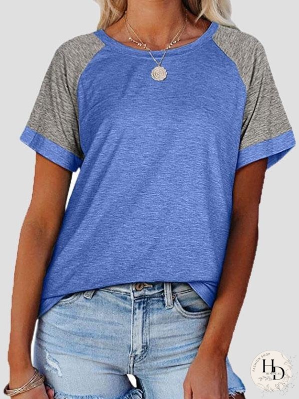 Casual Round Neck Short Sleeve Two Color T-shirts for Women
