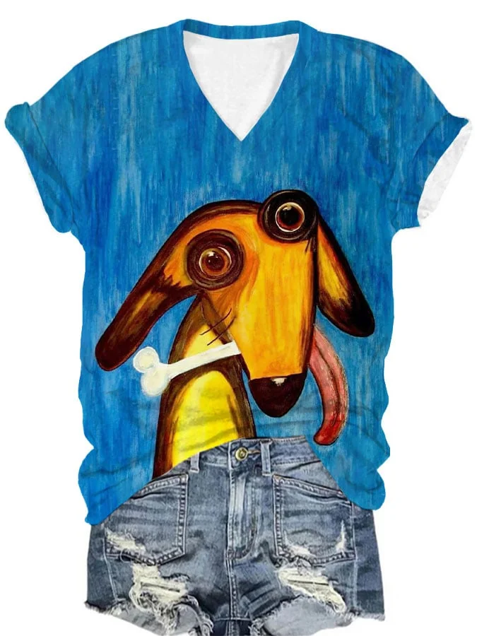 Women's funny dog print v-neck T-shirt
