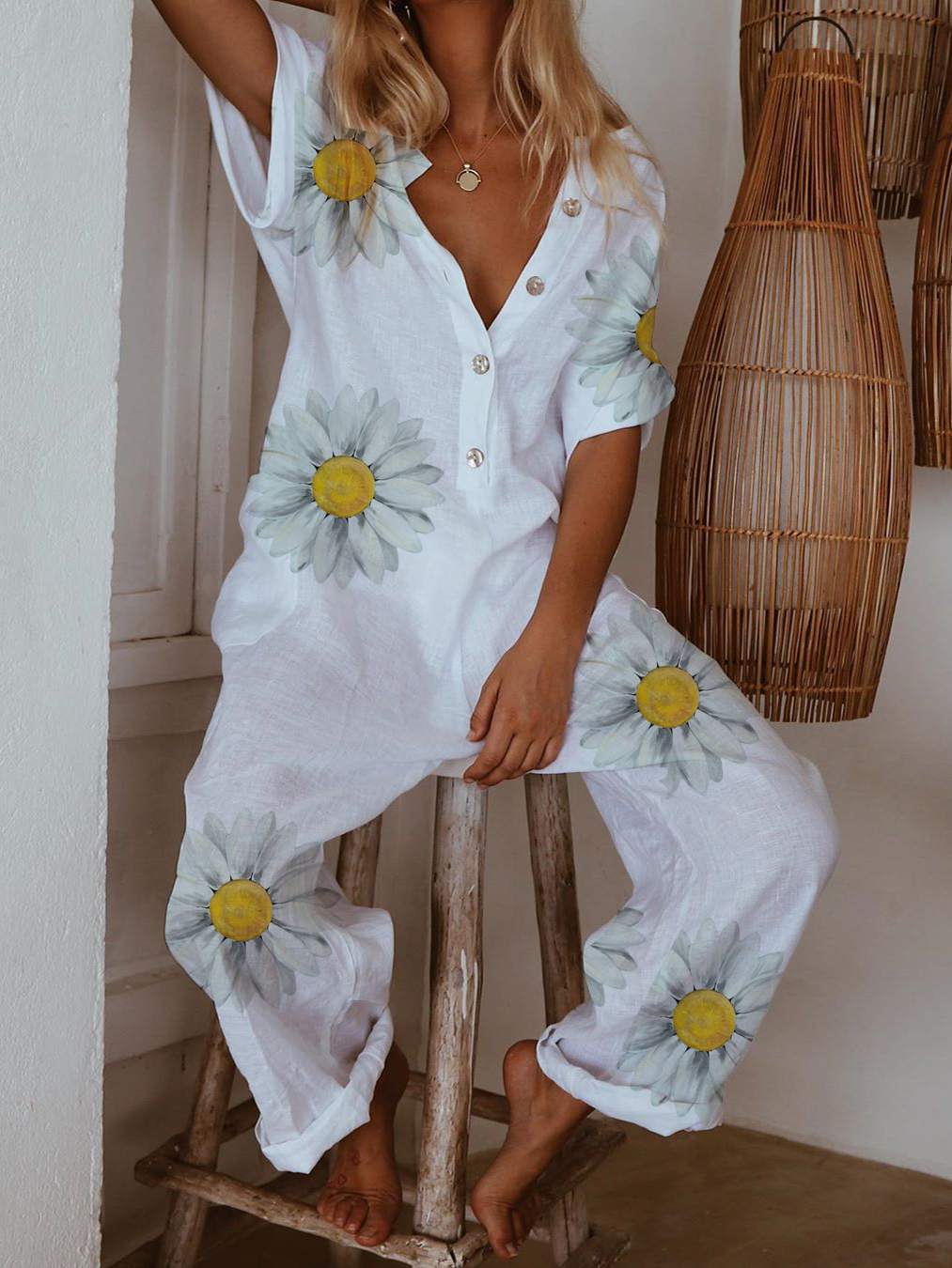 White Casual Floral-Print Cotton Jumpsuit & Romper | IFYHOME