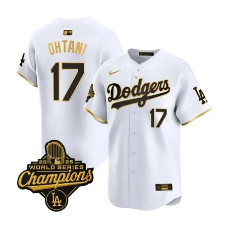 Youth Los Angeles Dodgers #17 Shohei Ohtani  White Golden 2025 World Series Champions Home Limited Jersey