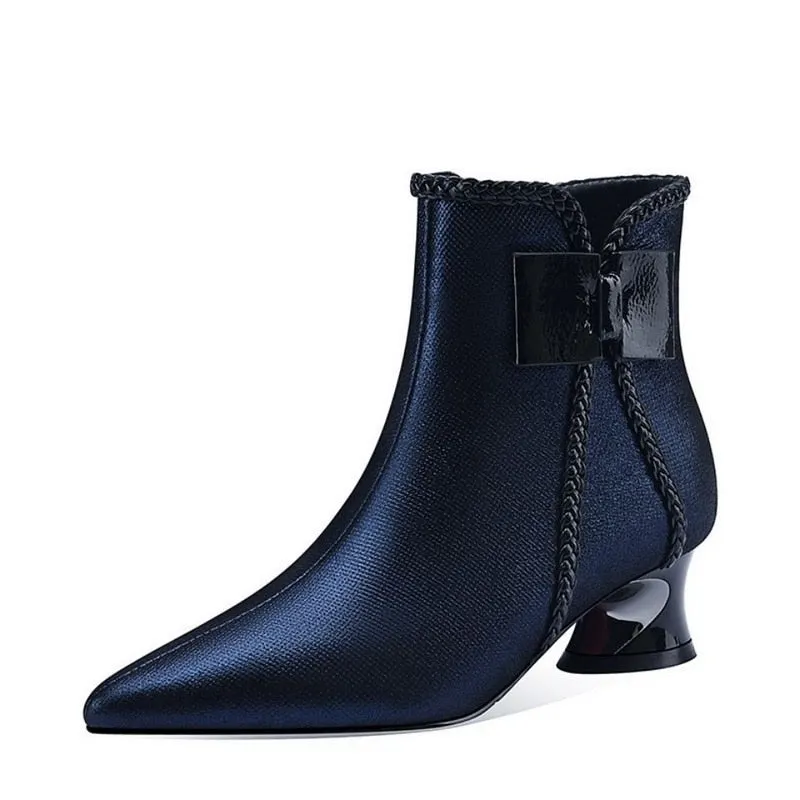 FHANCHU 2021 Microfiber Short Boots Woman,Autumn/Winter Shoes,Ankle Botas,Block Heel,Back Zip,Pointed Toe,Blue,Black,Dropship