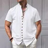 Camicia da uomo a maniche corte in cotone e lino con collo alto e bottoni