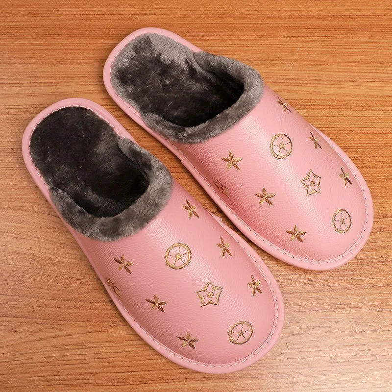 Hot Waterproof Leather Slippers Men Winter Warm Home Cotton Shoes Women Brand Luxury Indoor Fur Slippers Couple Shoes