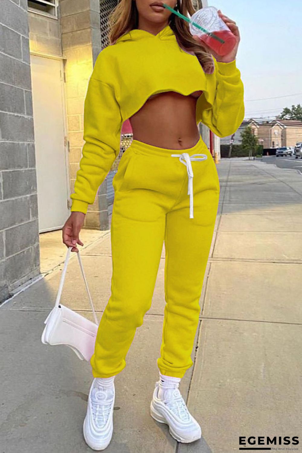 Yellow Casual Solid Patchwork Hooded Collar Long Sleeve Regular Sleeve Short Two Pieces | EGEMISS