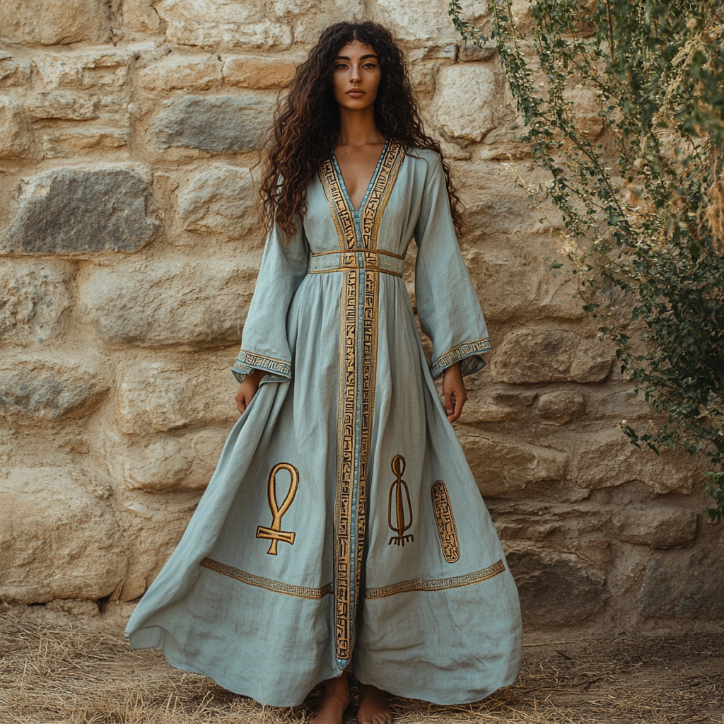 Women's Vintage Egyptian Ankh Art V-neck Cotton And Linen Dress