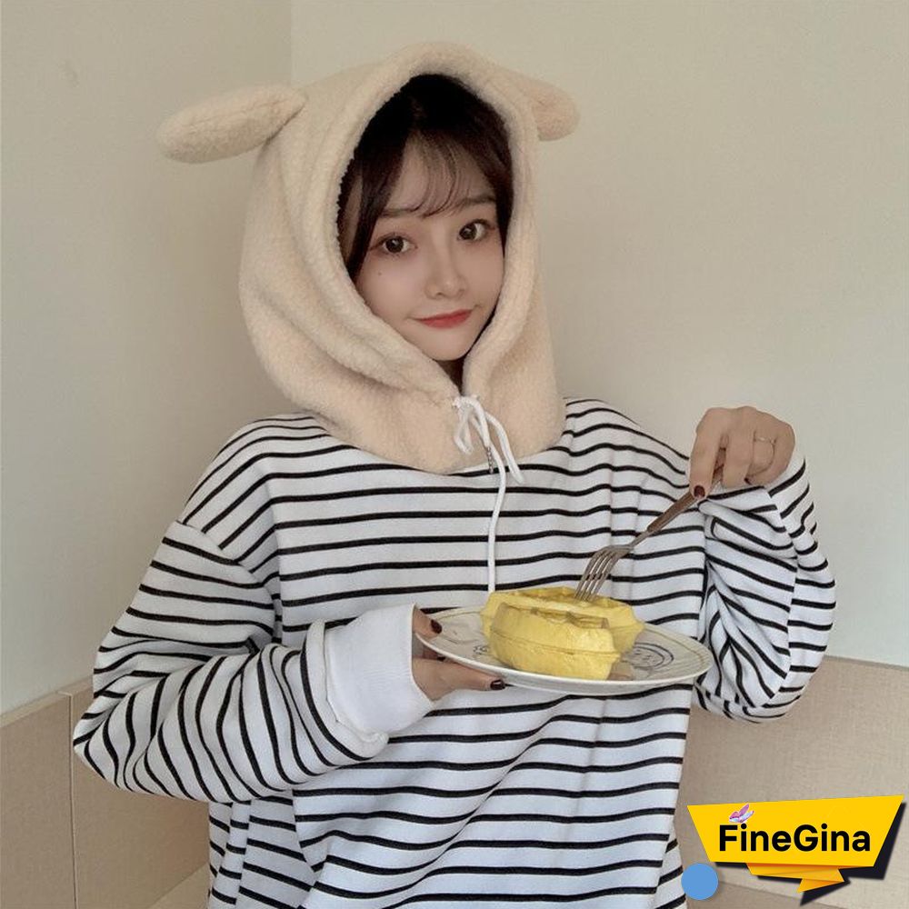Women's Kawaii Hoodie New Korean Loose Striped Fake Two-Piece Pullover Cute Bear Ears Lamb Hair Sweet Girls Student Clothes
