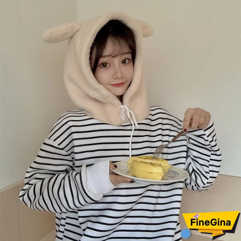 Women's Kawaii Hoodie New Korean Loose Striped Fake Two-Piece Pullover Cute Bear Ears Lamb Hair Sweet Girls Student Clothes
