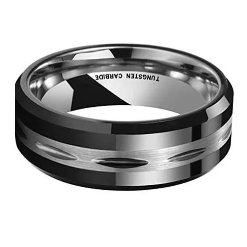 8MM Women's Or Men's Tungsten Carbide Wedding Matching Rings Duo Tone Brushed Black and Silver tones with Diamond Engraved Notches