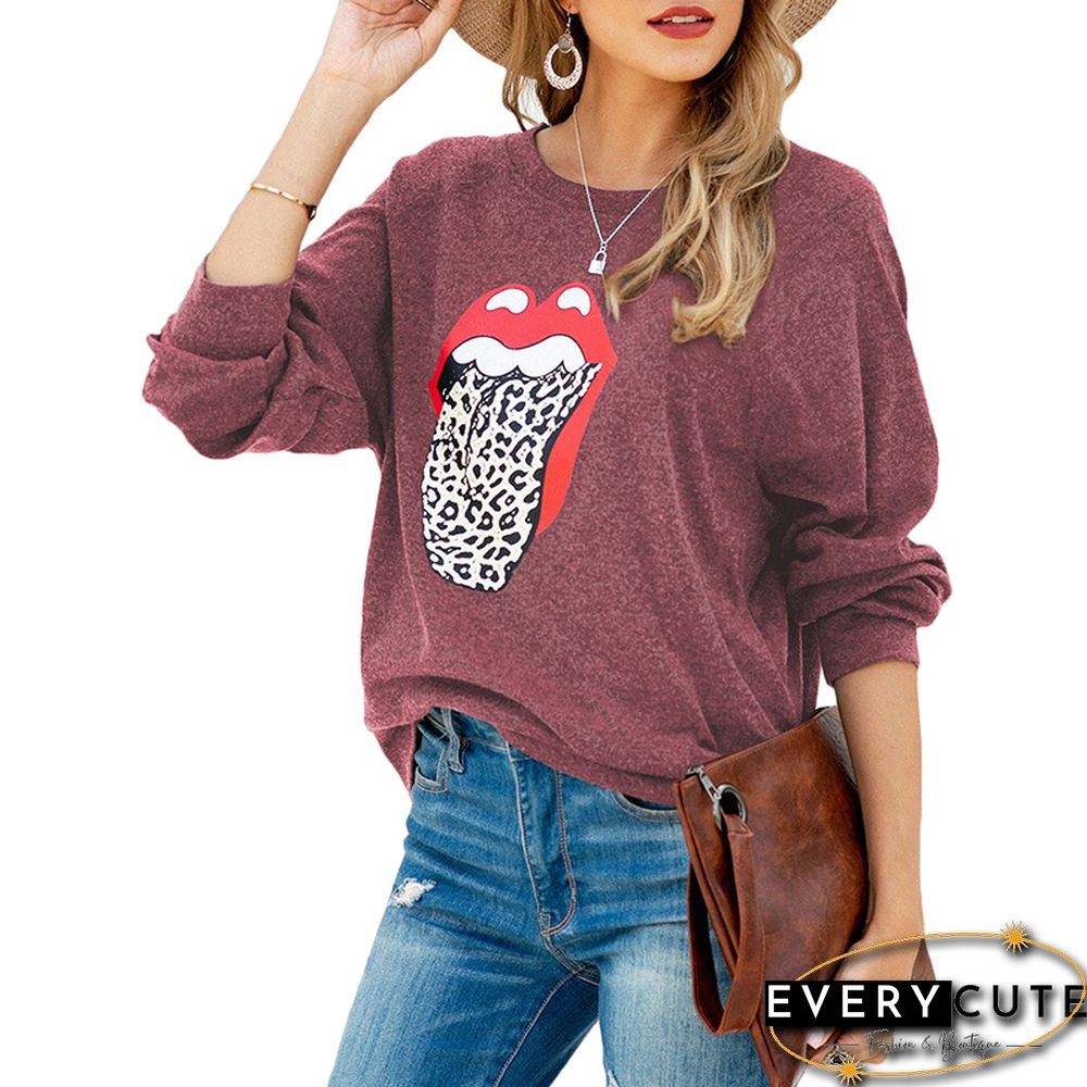 Rust Red Leopard Lip Print Long Sleeve Sweatshirt