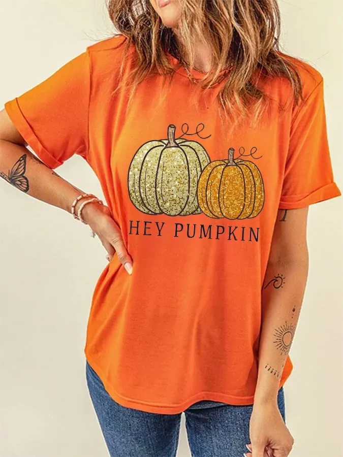 Women's Fall Sequin Pumpkin Print Casual T-Shirt 