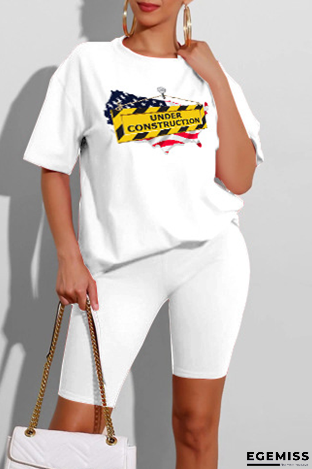 White Fashion Print Patchwork O Neck Short Sleeve Two Pieces | EGEMISS