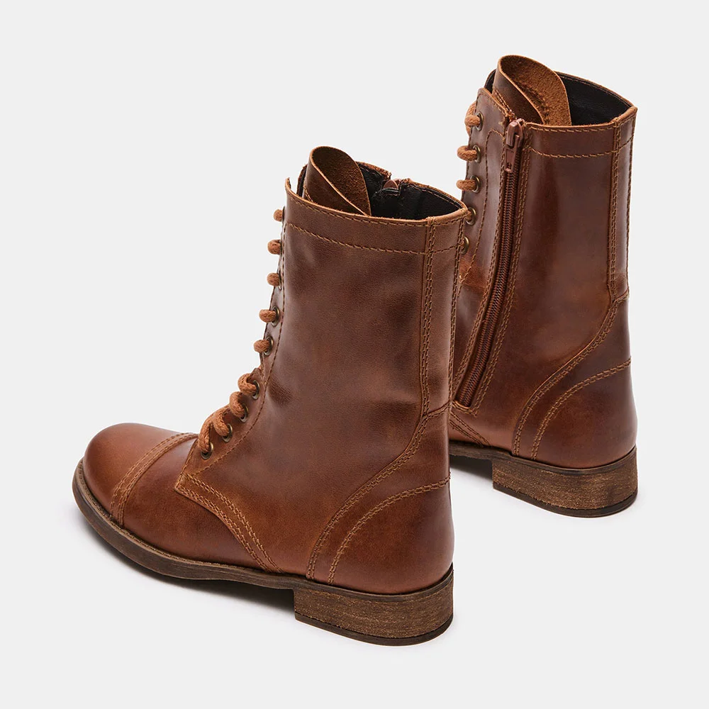 Brown Vegan Leather Lace Up Round Toe Heeled Ankle Bootss for Women